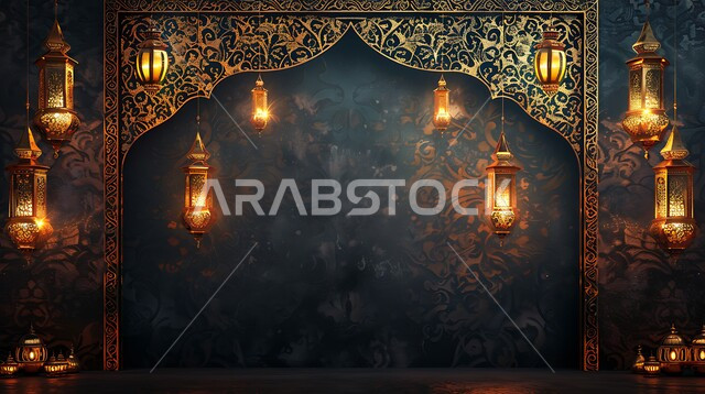 مجموعه من الفوانيس المعلقة العربية المعدنية المزخرفة المضيئة، ديكورات وأنوار ذهبية في الأجواء الرمضانية الروحانية في المملكة العربية السعودية, الاحتفال بقدوم شهر الخير، الفن الاسلامي للتحف والاكسسوارات، مناسبات دينية اسلامية، إضاءة وزينة رمضان المبارك