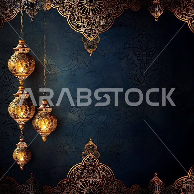 مجموعه من الفوانيس المعلقة العربية المعدنية المزخرفة المضيئة، ديكورات وأنوار ذهبية في الأجواء الرمضانية الروحانية في المملكة العربية السعودية, الاحتفال بقدوم شهر الخير، الفن الاسلامي للتحف والاكسسوارات، مناسبات دينية اسلامية، إضاءة وزينة رمضان المبارك