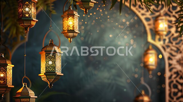 مجموعه من الفوانيس المعلقة العربية المعدنية المزخرفة المضيئة، ديكورات وأنوار ذهبية في الأجواء الرمضانية الروحانية في المملكة العربية السعودية, الاحتفال بقدوم شهر الخير، الفن الاسلامي للتحف والاكسسوارات، مناسبات دينية اسلامية، إضاءة وزينة رمضان المبارك