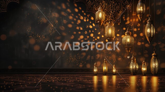 الأجواء الرمضانية الروحانية، مصابح و تحف تقليدية للاحتفال بقدوم شهر الخير, المناسبات والأعياد الدينية الإسلامية في المملكة العربية السعودية, فوانيس عربية معدنية تقليدية مزخرفة مضاءة ومعلقة
