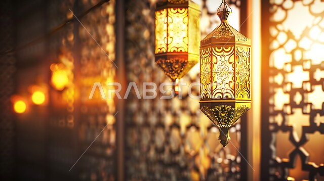 الأجواء الرمضانية الروحانية، مصابح و تحف تقليدية للاحتفال بقدوم شهر الخير, المناسبات والأعياد الدينية الإسلامية في المملكة العربية السعودية, فوانيس عربية معدنية تقليدية مزخرفة مضاءة ومعلقة