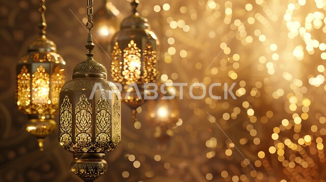 أجواء رمضانية وروحانية إسلامية، مصابيح عربية معدنية مزخرفة مضيئة، الاستمتاع بالأجواء الروحاينة الدينية، العادات والتقاليد العربية في زينة الأعياد والمناسبات الدينية، فوانيس وتحف وديكورات تقليدية للاحتفال بقدوم شهر الخير