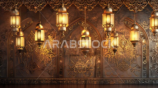 فوانيس وتحف وديكورات تقليدية للاحتفال بقدوم شهر الخير، أجواء رمضانية وروحانية إسلامية، مصابيح عربية معدنية مزخرفة مضيئة، الاستمتاع بالأجواء الروحاينة الدينية، العادات والتقاليد العربية في زينة الأعياد والمناسبات الدينية