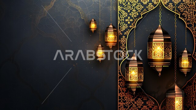 العادات والتقاليد العربية في زينة الأعياد والمناسبات الدينية، فوانيس وتحف وديكورات تقليدية للاحتفال بقدوم شهر الخير، أجواء رمضانية وروحانية إسلامية، مصابيح عربية معدنية مزخرفة مضيئة، الاستمتاع بالأجواء الروحاينة الدينية