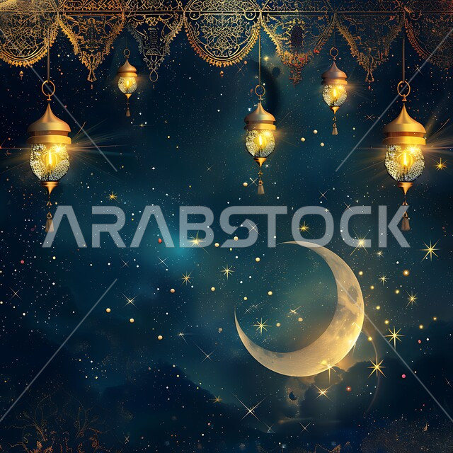 فوانيس عربية معدنية مزخرفة مضيئة، استعداد المسلمين لاستقبال شهر الخير، زينة وتحف تقليدية احتفالاً بالأعياد والمناسبات الاسلامية، ديكورات الأجواء الرمضانية الروحانية، منظر الهلال المضيء في وقت الليل