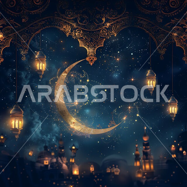 Traditional decorations and antiques to celebrate Islamic holidays and occasions, Ramadan spiritual atmosphere decorations, The view of the shining crescent moon at night, Decorative illuminated metal Arabic lanterns, Muslims preparing to welcome the month of goodness