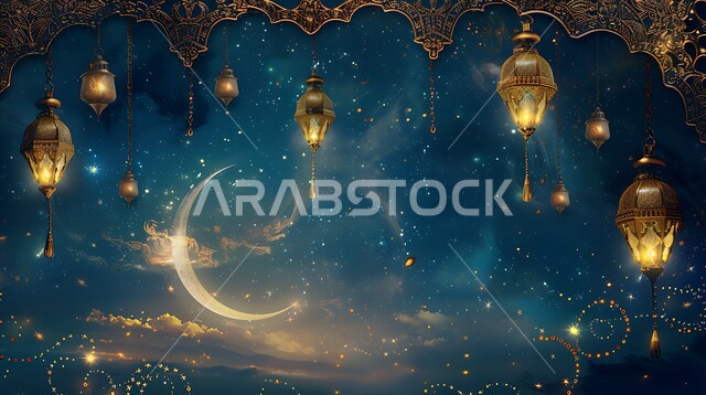 استعداد المسلمين لاستقبال شهر الخير، زينة وتحف تقليدية احتفالاً بالأعياد والمناسبات الاسلامية, ديكورات الأجواء الرمضانية الروحانية، منظر الهلال المضيء في وقت الليل، فوانيس عربية معدنية مزخرفة مضيئة 