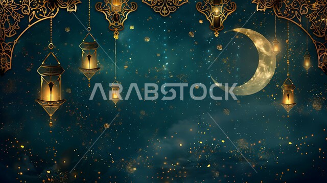 Crescent moon view at night, illuminated decorative metal Arabic lanterns, Muslims preparing to welcome the month of goodness, traditional decorations and artifacts to celebrate Islamic holidays and occasions, spiritual Ramadan atmosphere decorations