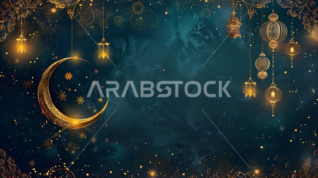 فوانيس عربية معدنية مزخرفة مضيئة، استعداد المسلمين لاستقبال شهر الخير، زينة وتحف تقليدية احتفالاً بالأعياد والمناسبات الاسلامية، ديكورات الأجواء الرمضانية الروحانية، منظر الهلال المضيء في وقت الليل