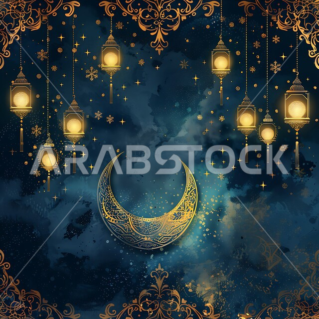 Ramadan spiritual atmosphere decorations, the view of the crescent moon at night, decorative illuminated Arabic metal lanterns, Muslims preparing to welcome the month of goodness, traditional decorations and artifacts to celebrate Islamic holidays and occasions
