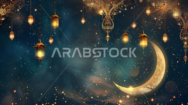 استعداد المسلمين لاستقبال شهر الخير، زينة وتحف تقليدية احتفالاً بالأعياد والمناسبات الاسلامية, ديكورات الأجواء الرمضانية الروحانية، منظر الهلال المضيء في وقت الليل، فوانيس عربية معدنية مزخرفة مضيئة 