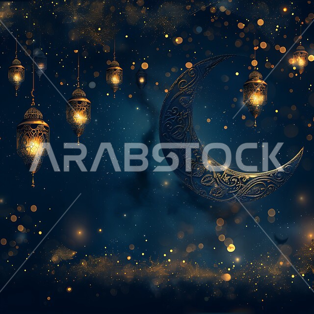 Crescent moon view at night, illuminated decorative metal Arabic lanterns, Muslims preparing to welcome the month of goodness, traditional decorations and artifacts to celebrate Islamic holidays and occasions, spiritual Ramadan atmosphere decorations