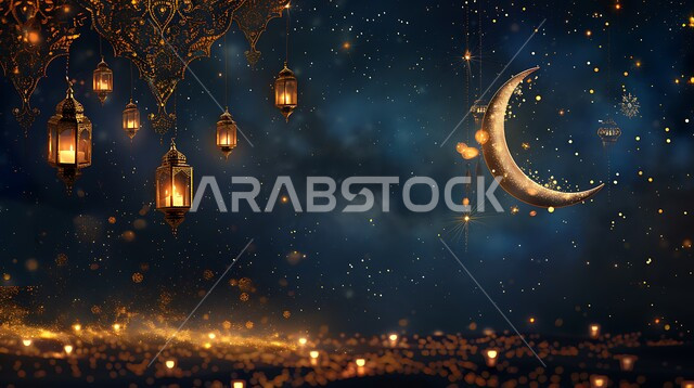 استعداد المسلمين لاستقبال شهر الخير، زينة وتحف تقليدية احتفالاً بالأعياد والمناسبات الاسلامية, ديكورات الأجواء الرمضانية الروحانية، منظر الهلال المضيء في وقت الليل، فوانيس عربية معدنية مزخرفة مضيئة 