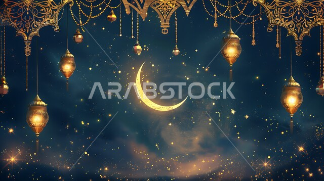 فوانيس عربية معدنية مزخرفة مضيئة، استعداد المسلمين لاستقبال شهر الخير، زينة وتحف تقليدية احتفالاً بالأعياد والمناسبات الاسلامية، ديكورات الأجواء الرمضانية الروحانية، منظر الهلال المضيء في وقت الليل