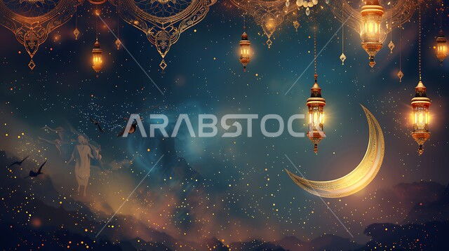 زينة وتحف تقليدية احتفالاً بالأعياد والمناسبات الاسلامية, ديكورات الأجواء الرمضانية الروحانية، منظر الهلال المضيء في وقت الليل، فوانيس عربية معدنية مزخرفة مضيئة، استعداد المسلمين لاستقبال شهر الخير