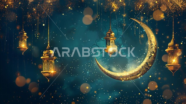 ديكورات الأجواء الرمضانية الروحانية، منظر الهلال المضيء في وقت الليل، فوانيس عربية معدنية مزخرفة مضيئة، استعداد المسلمين لاستقبال شهر الخير، زينة وتحف تقليدية احتفالاً بالأعياد والمناسبات الاسلامية