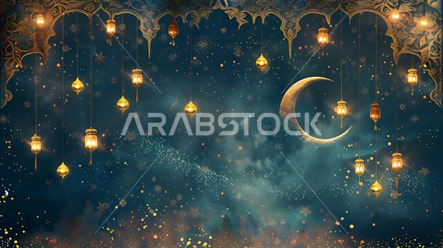 ديكورات الأجواء الرمضانية الروحانية، منظر الهلال المضيء في وقت الليل، فوانيس عربية معدنية مزخرفة مضيئة، استعداد المسلمين لاستقبال شهر الخير، زينة وتحف تقليدية احتفالاً بالأعياد والمناسبات الاسلامية