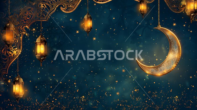 فوانيس عربية معدنية مزخرفة مضيئة، استعداد المسلمين لاستقبال شهر الخير، زينة وتحف تقليدية احتفالاً بالأعياد والمناسبات الاسلامية، ديكورات الأجواء الرمضانية الروحانية، منظر الهلال المضيء في وقت الليل