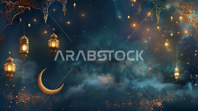 زينة وتحف تقليدية احتفالاً بالأعياد والمناسبات الاسلامية, ديكورات الأجواء الرمضانية الروحانية، منظر الهلال المضيء في وقت الليل، فوانيس عربية معدنية مزخرفة مضيئة، استعداد المسلمين لاستقبال شهر الخير
