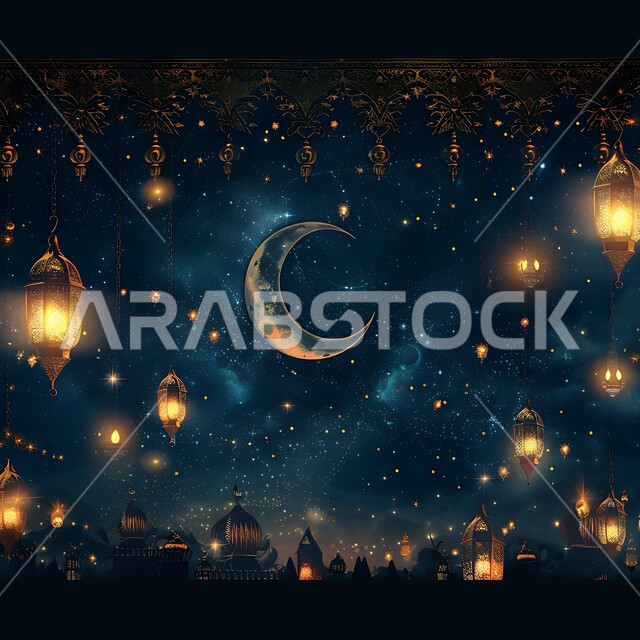استعداد المسلمين لاستقبال شهر الخير، زينة وتحف تقليدية احتفالاً بالأعياد والمناسبات الاسلامية, ديكورات الأجواء الرمضانية الروحانية، منظر الهلال المضيء في وقت الليل، فوانيس عربية معدنية مزخرفة مضيئة 