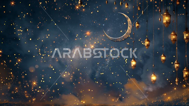 Crescent moon view at night, illuminated decorative metal Arabic lanterns, Muslims preparing to welcome the month of goodness, traditional decorations and artifacts to celebrate Islamic holidays and occasions, spiritual Ramadan atmosphere decorations