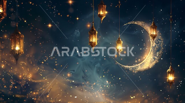 ديكورات الأجواء الرمضانية الروحانية، منظر الهلال المضيء في وقت الليل، فوانيس عربية معدنية مزخرفة مضيئة، استعداد المسلمين لاستقبال شهر الخير، زينة وتحف تقليدية احتفالاً بالأعياد والمناسبات الاسلامية