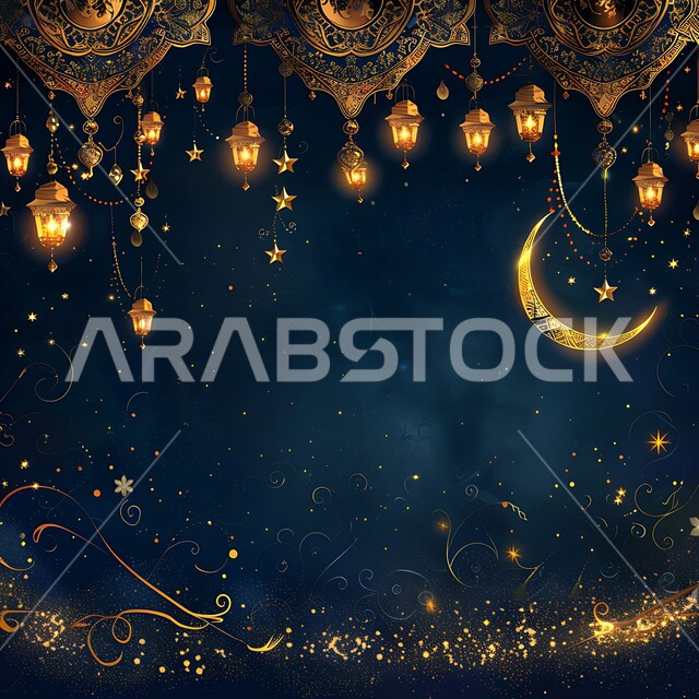 استعداد المسلمين لاستقبال شهر الخير، زينة وتحف تقليدية احتفالاً بالأعياد والمناسبات الاسلامية, ديكورات الأجواء الرمضانية الروحانية، منظر الهلال المضيء في وقت الليل، فوانيس عربية معدنية مزخرفة مضيئة 