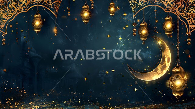 فوانيس عربية معدنية مزخرفة مضيئة، استعداد المسلمين لاستقبال شهر الخير، زينة وتحف تقليدية احتفالاً بالأعياد والمناسبات الاسلامية، ديكورات الأجواء الرمضانية الروحانية، منظر الهلال المضيء في وقت الليل