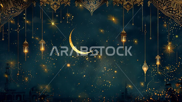 Crescent moon view at night, illuminated decorative metal Arabic lanterns, Muslims preparing to welcome the month of goodness, traditional decorations and artifacts to celebrate Islamic holidays and occasions, spiritual Ramadan atmosphere decorations