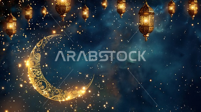 زينة وتحف تقليدية احتفالاً بالأعياد والمناسبات الاسلامية, ديكورات الأجواء الرمضانية الروحانية، منظر الهلال المضيء في وقت الليل، فوانيس عربية معدنية مزخرفة مضيئة، استعداد المسلمين لاستقبال شهر الخير