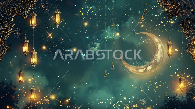 فوانيس عربية معدنية مزخرفة مضيئة، استعداد المسلمين لاستقبال شهر الخير، زينة وتحف تقليدية احتفالاً بالأعياد والمناسبات الاسلامية، ديكورات الأجواء الرمضانية الروحانية، منظر الهلال المضيء في وقت الليل