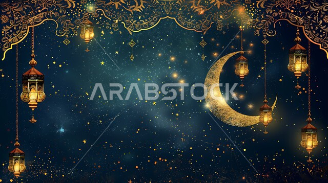 ديكورات الأجواء الرمضانية الروحانية، منظر الهلال المضيء في وقت الليل، فوانيس عربية معدنية مزخرفة مضيئة، استعداد المسلمين لاستقبال شهر الخير، زينة وتحف تقليدية احتفالاً بالأعياد والمناسبات الاسلامية