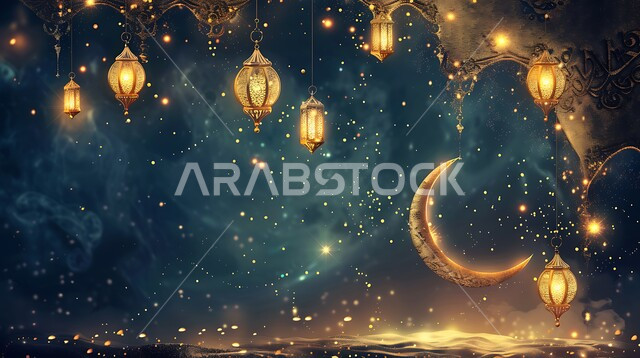 Enjoying the spiritual religious atmosphere, Arab customs and traditions in decorating religious holidays and occasions, lanterns, antiques and traditional decorations to celebrate the arrival of the month of goodness, Ramadan atmosphere and Islamic spirituality, Arabic decorative metal lamps illuminated with the crescent moon