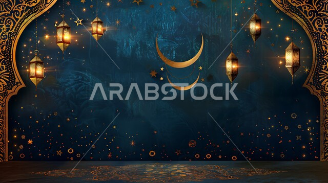 مصابيح عربية معدنية مزخرفة مضيئة مع الهلال، الاستمتاع بالأجواء الروحاينة الدينية، العادات والتقاليد العربية في زينة الأعياد والمناسبات الدينية، فوانيس وتحف وديكورات تقليدية للاحتفال بقدوم شهر الخير، أجواء رمضانية وروحانية إسلامية