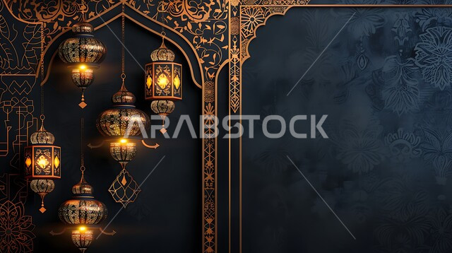 البهجة والفرح بقدوم شهر الخير, ديكورات وزينة رمضان المبارك, الفوانيس المعدنية التقليدية المزخرفة المعلقة في الأجواء الروحانية، الاحتفال بالمناسبات والأعياد الدينية، النقوش المميزة للمصابيح الشرقية