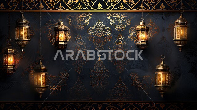 البهجة والفرح بقدوم شهر الخير, ديكورات وزينة رمضان المبارك, الفوانيس المعدنية التقليدية المزخرفة المعلقة في الأجواء الروحانية، الاحتفال بالمناسبات والأعياد الدينية، النقوش المميزة للمصابيح الشرقية