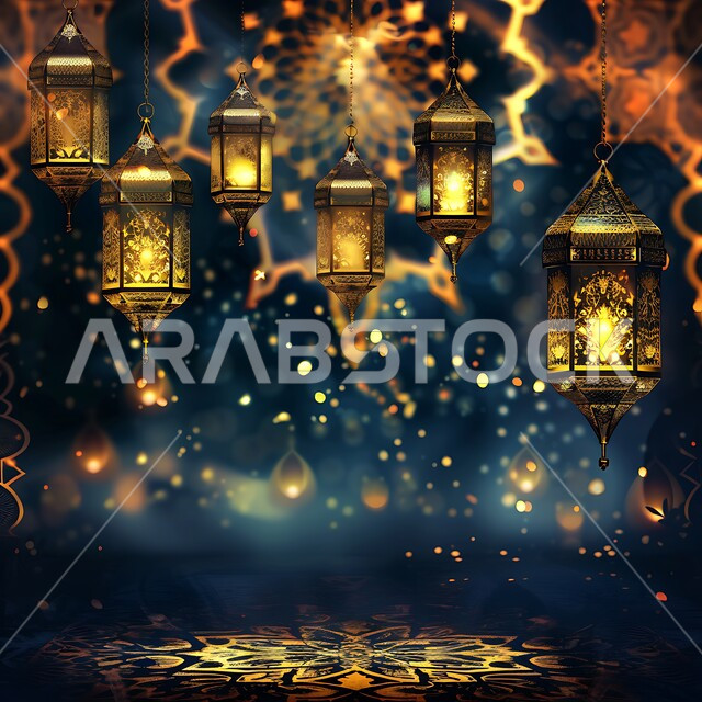 البهجة والفرح بقدوم شهر الخير, ديكورات وزينة رمضان المبارك, الفوانيس المعدنية التقليدية المزخرفة المعلقة في الأجواء الروحانية، الاحتفال بالمناسبات والأعياد الدينية، النقوش المميزة للمصابيح الشرقية