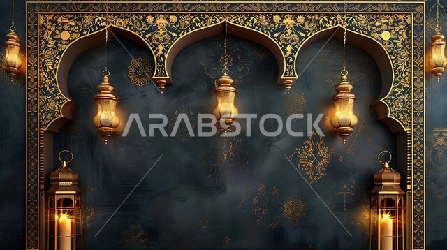 البهجة والفرح بقدوم شهر الخير, ديكورات وزينة رمضان المبارك, الفوانيس المعدنية التقليدية المزخرفة المعلقة في الأجواء الروحانية، الاحتفال بالمناسبات والأعياد الدينية، النقوش المميزة للمصابيح الشرقية