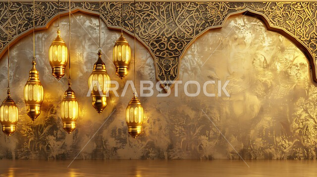 البهجة والفرح بقدوم شهر الخير, ديكورات وزينة رمضان المبارك, الفوانيس المعدنية التقليدية المزخرفة المعلقة في الأجواء الروحانية، الاحتفال بالمناسبات والأعياد الدينية، النقوش المميزة للمصابيح الشرقية