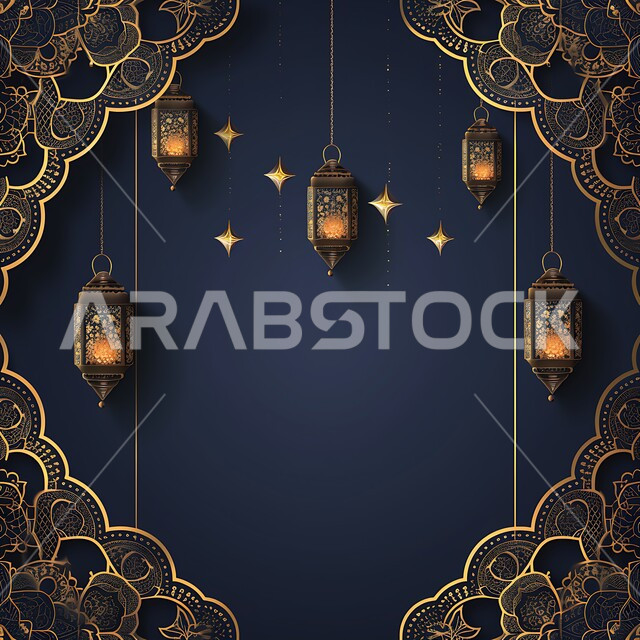 البهجة والفرح بقدوم شهر الخير, ديكورات وزينة رمضان المبارك, الفوانيس المعدنية التقليدية المزخرفة المعلقة في الأجواء الروحانية، الاحتفال بالمناسبات والأعياد الدينية، النقوش المميزة للمصابيح الشرقية