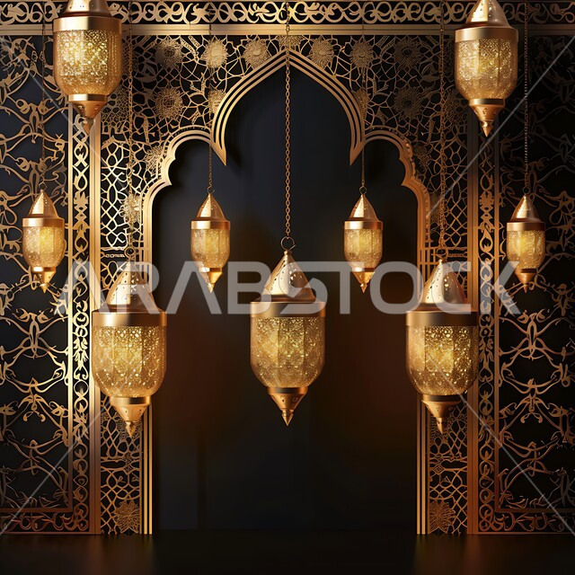 البهجة والفرح بقدوم شهر الخير, ديكورات وزينة رمضان المبارك, الفوانيس المعدنية التقليدية المزخرفة المعلقة في الأجواء الروحانية، الاحتفال بالمناسبات والأعياد الدينية، النقوش المميزة للمصابيح الشرقية