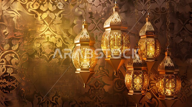 البهجة والفرح بقدوم شهر الخير, ديكورات وزينة رمضان المبارك, الفوانيس المعدنية التقليدية المزخرفة المعلقة في الأجواء الروحانية، الاحتفال بالمناسبات والأعياد الدينية، النقوش المميزة للمصابيح الشرقية
