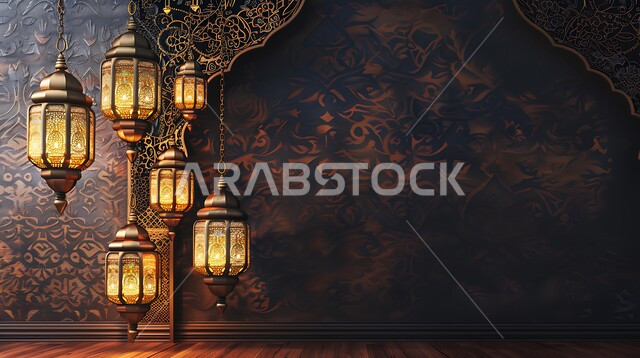 زينة وديكورات رمضان المبارك, صورة مقربة لمجموعة من الفوانيس المعدنية التقليدية المعلقة المزخرفة ,الاحتفال بالمناسبات والأعياد الدينية الاسلامية، البهجة بقدوم شهر الخير