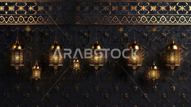 Ramadan decorations and ornaments, close-up of a group of traditional hanging decorative metal lanterns, celebrating Islamic religious occasions and holidays, rejoicing in the arrival of the month of goodness
