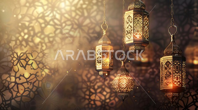 زينة وديكورات رمضان المبارك, صورة مقربة لمجموعة من الفوانيس المعدنية التقليدية المعلقة المزخرفة ,الاحتفال بالمناسبات والأعياد الدينية الاسلامية، البهجة بقدوم شهر الخير