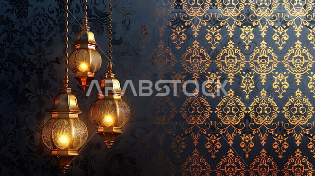 زينة وديكورات رمضان المبارك, صورة مقربة لمجموعة من الفوانيس المعدنية التقليدية المعلقة المزخرفة ,الاحتفال بالمناسبات والأعياد الدينية الاسلامية، البهجة بقدوم شهر الخير