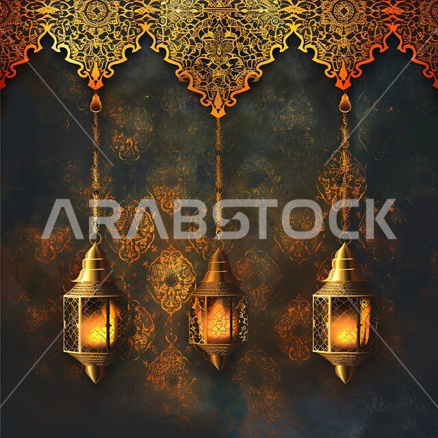 زينة وديكورات رمضان المبارك, صورة مقربة لمجموعة من الفوانيس المعدنية التقليدية المعلقة المزخرفة ,الاحتفال بالمناسبات والأعياد الدينية الاسلامية، البهجة بقدوم شهر الخير