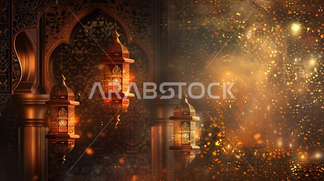 Ramadan decorations and ornaments, close-up of a group of traditional hanging decorative metal lanterns, celebrating Islamic religious occasions and holidays, rejoicing in the arrival of the month of goodness