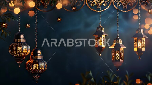 زينة وديكورات رمضان المبارك, صورة مقربة لمجموعة من الفوانيس المعدنية التقليدية المعلقة المزخرفة ,الاحتفال بالمناسبات والأعياد الدينية الاسلامية، البهجة بقدوم شهر الخير