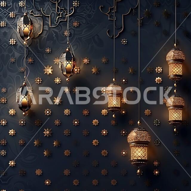 زينة وديكورات رمضان المبارك, صورة مقربة لمجموعة من الفوانيس المعدنية التقليدية المعلقة المزخرفة ,الاحتفال بالمناسبات والأعياد الدينية الاسلامية، البهجة بقدوم شهر الخير